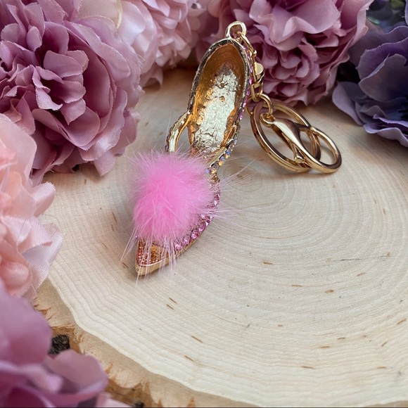 Pink Crystal High Heel Sandal with Pink Pom Pom Keychain Charm - Picture 4 of 11